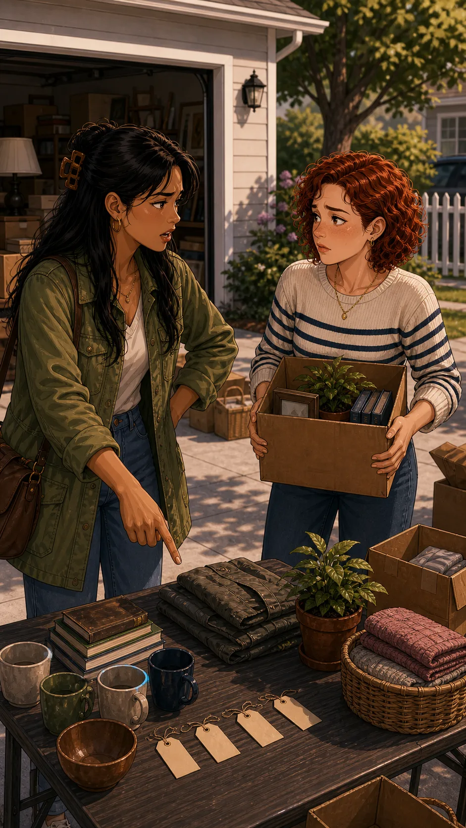 Talia and June discuss the free pile at the yard sale table.