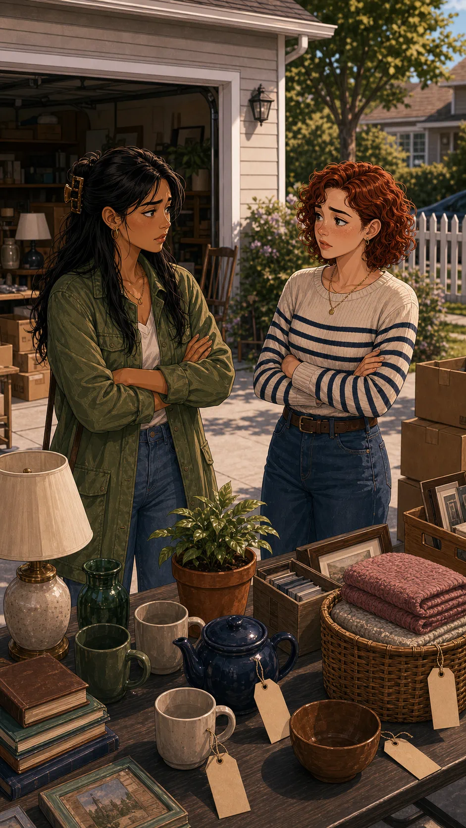 Talia and June stand thoughtfully by a reset yard sale table.