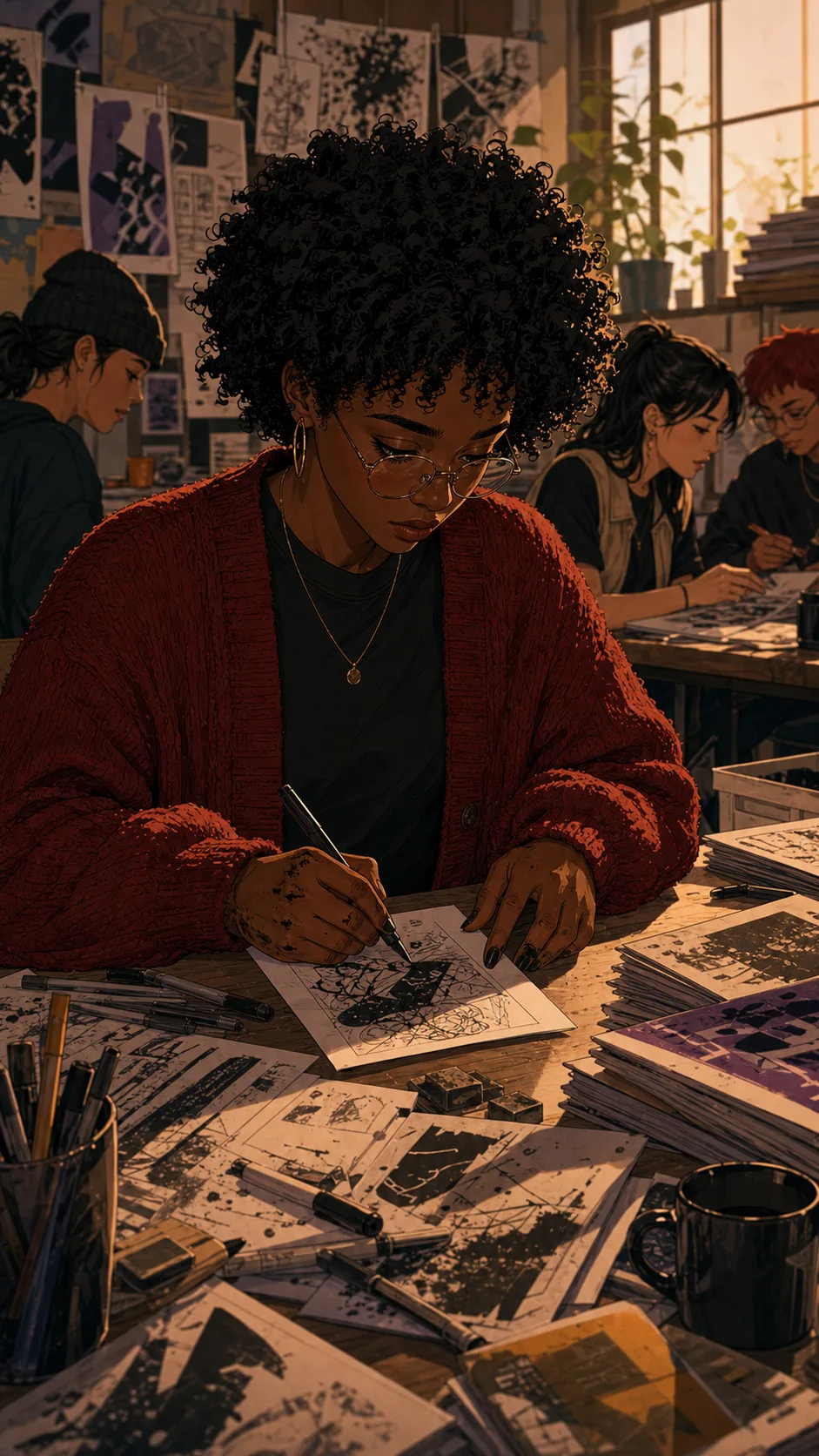 Nora draws at a community zine table while Lina organizes pages.