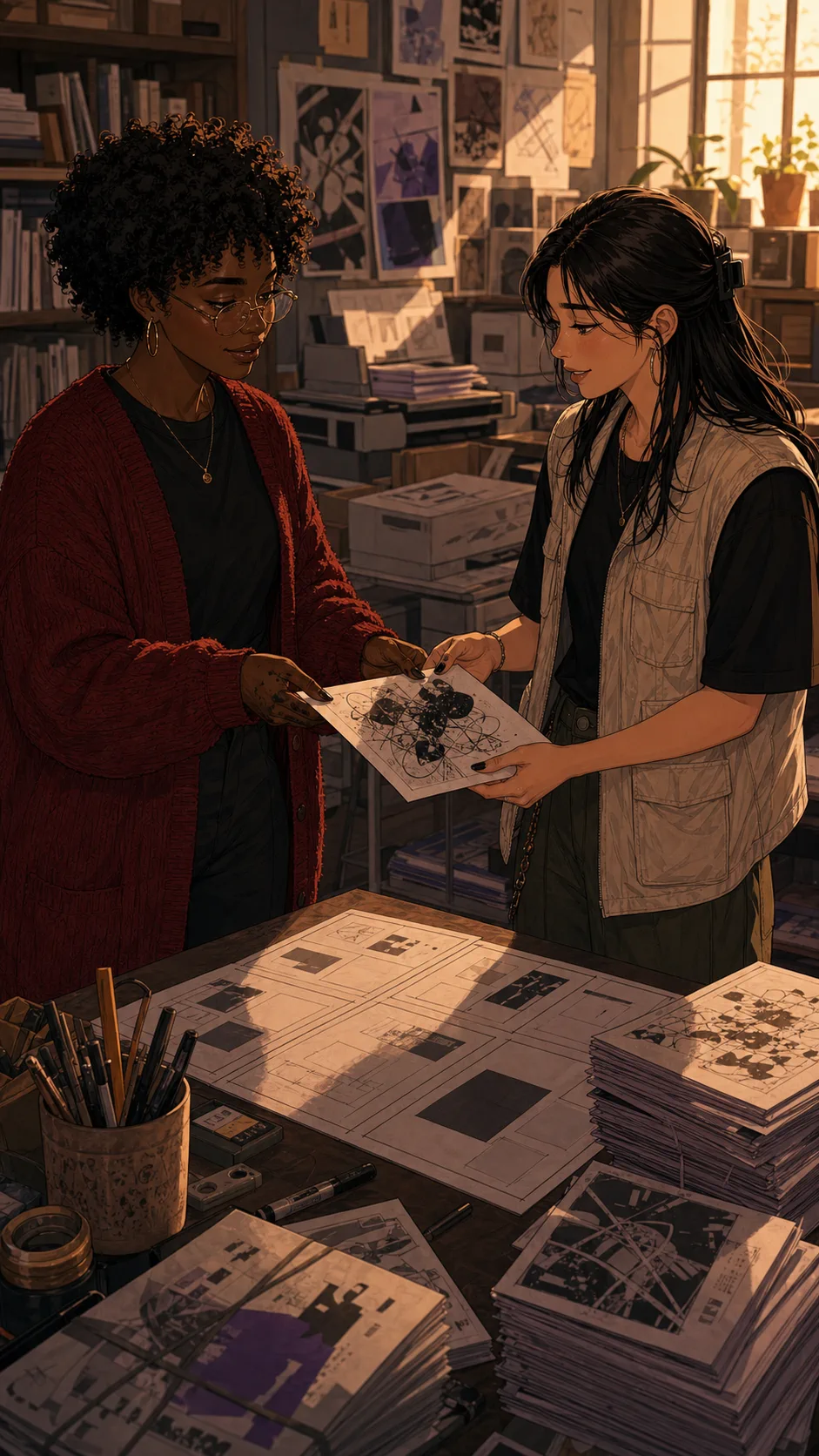 Nora gives Lina an envelope of zine art at a generic copy table.