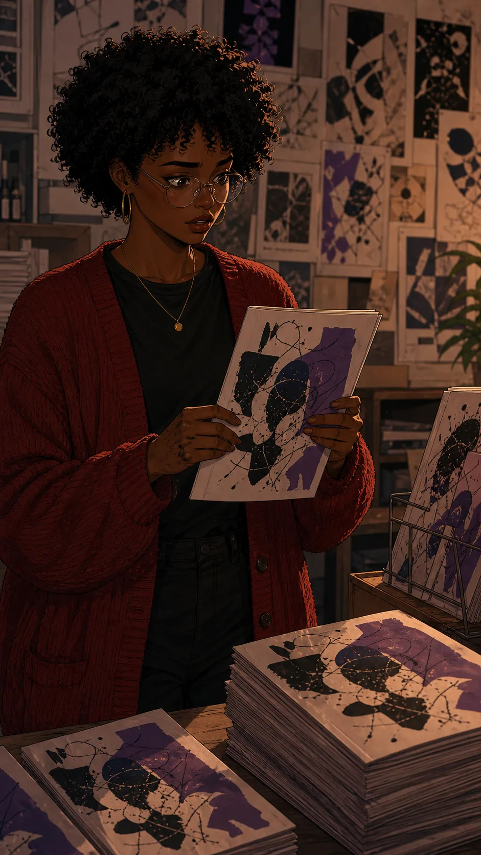 Lina compares zine spreads and notices Nora's page works as the cover.