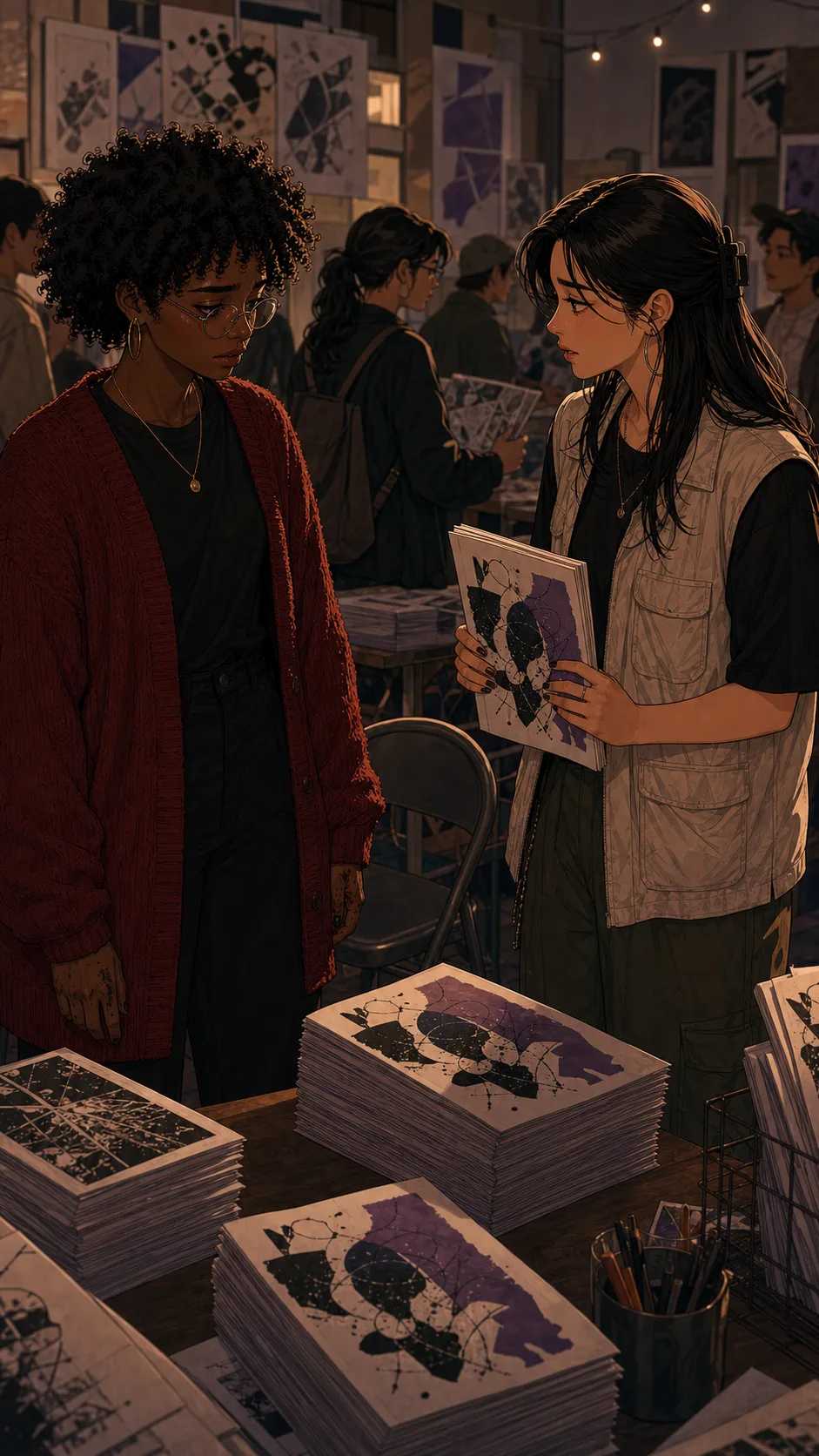 Nora looks surprised at a zine release table while Lina presents the finished issue.