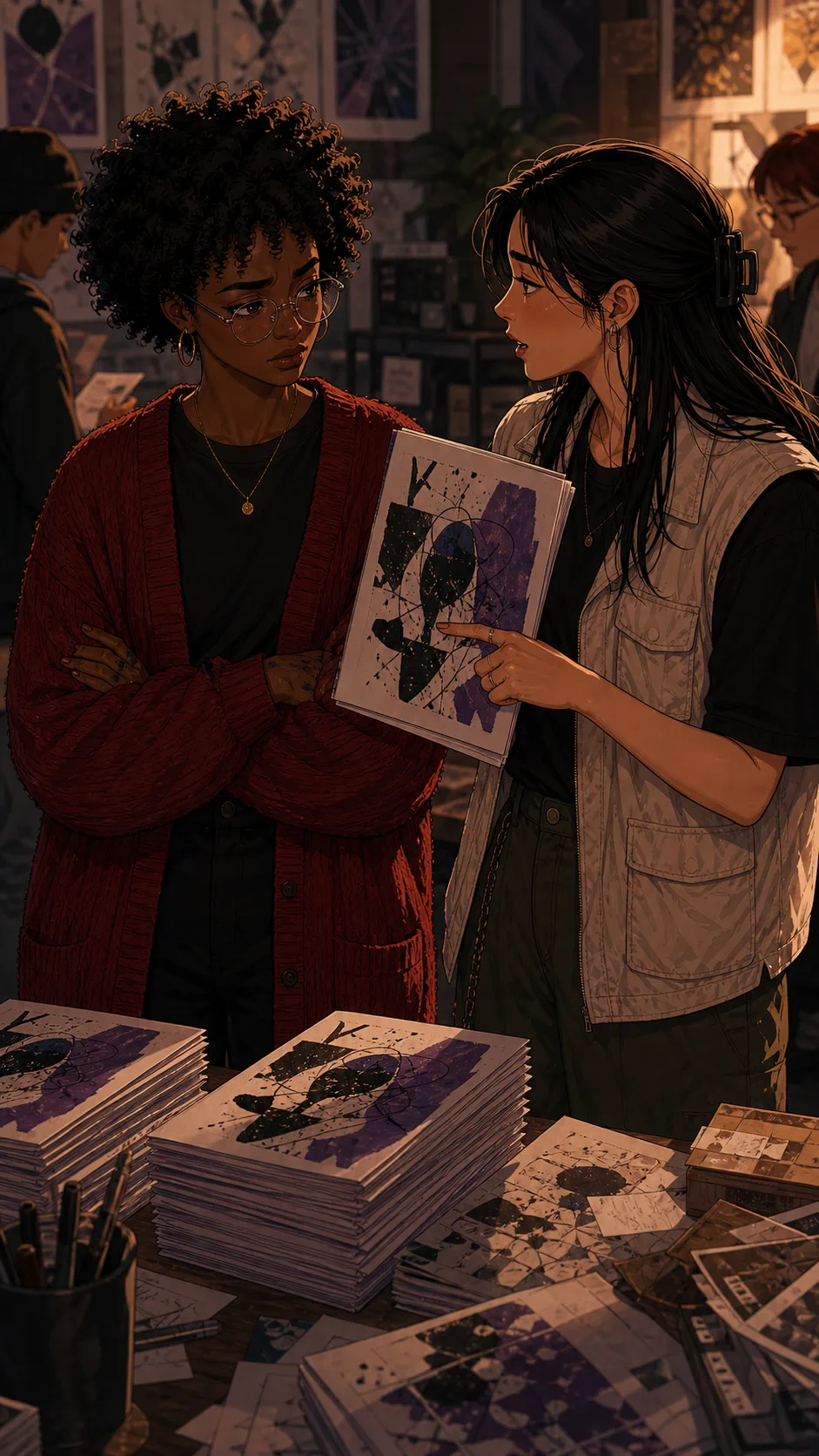 Lina points to an inside credit area while Nora looks uneasy.