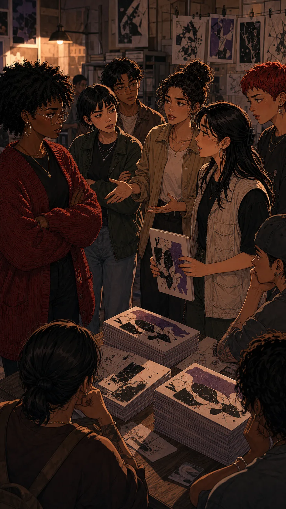 Contributors react differently around a zine table.