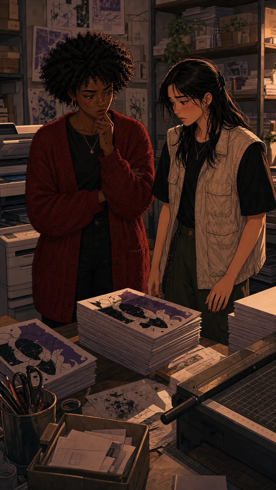 Nora and Lina stand near a copy machine with another zine stack waiting.
