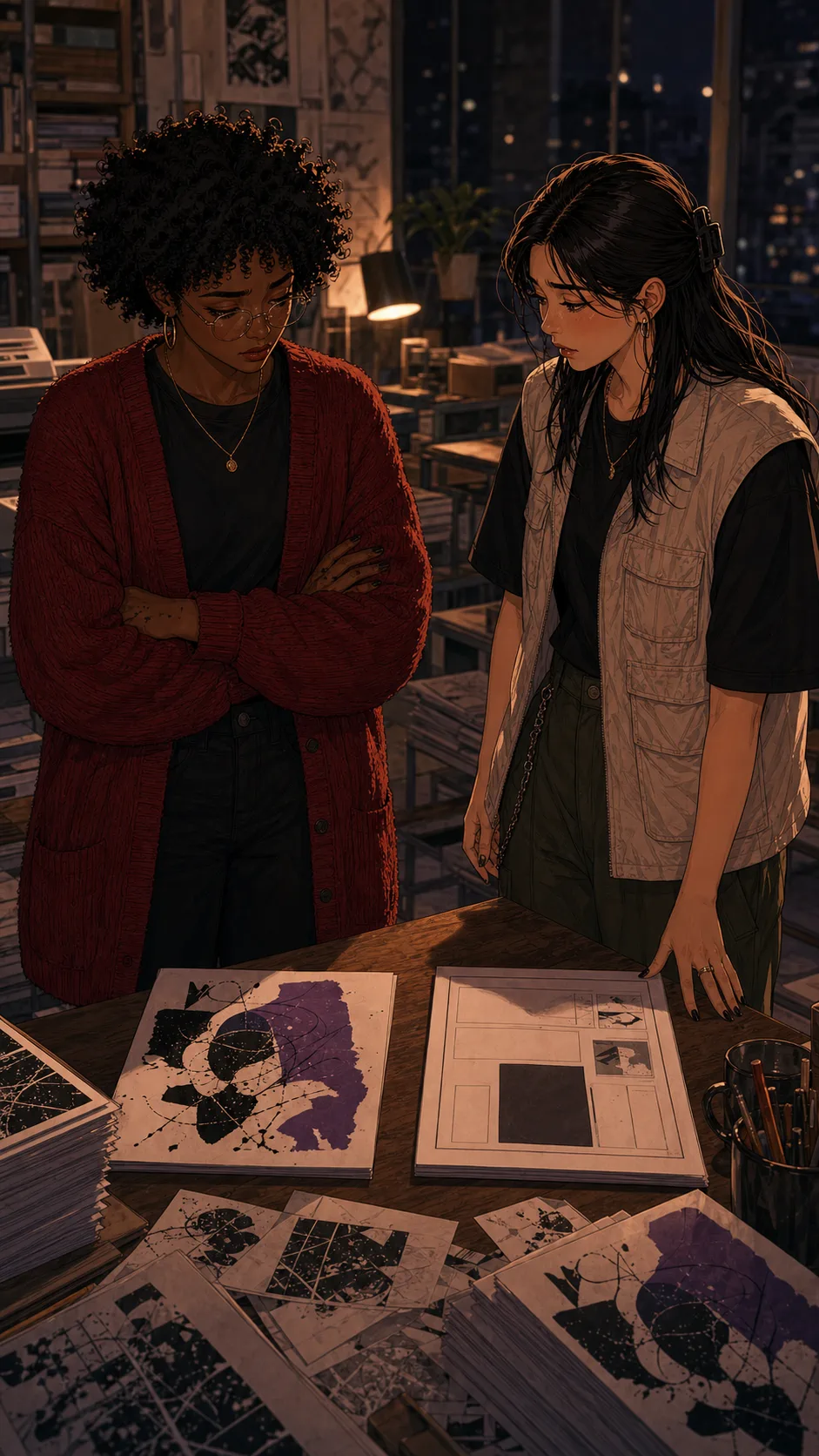 Nora and Lina sit with copies of the zine between them.